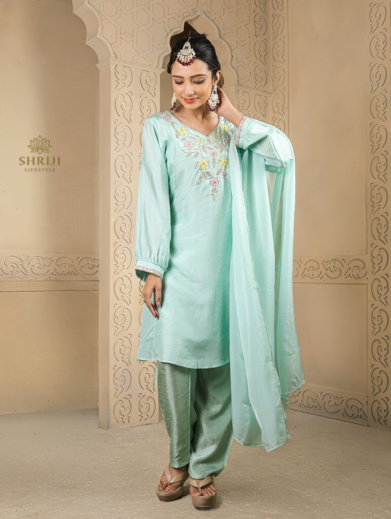 mint green dola short kali top plazoo set with dupatta