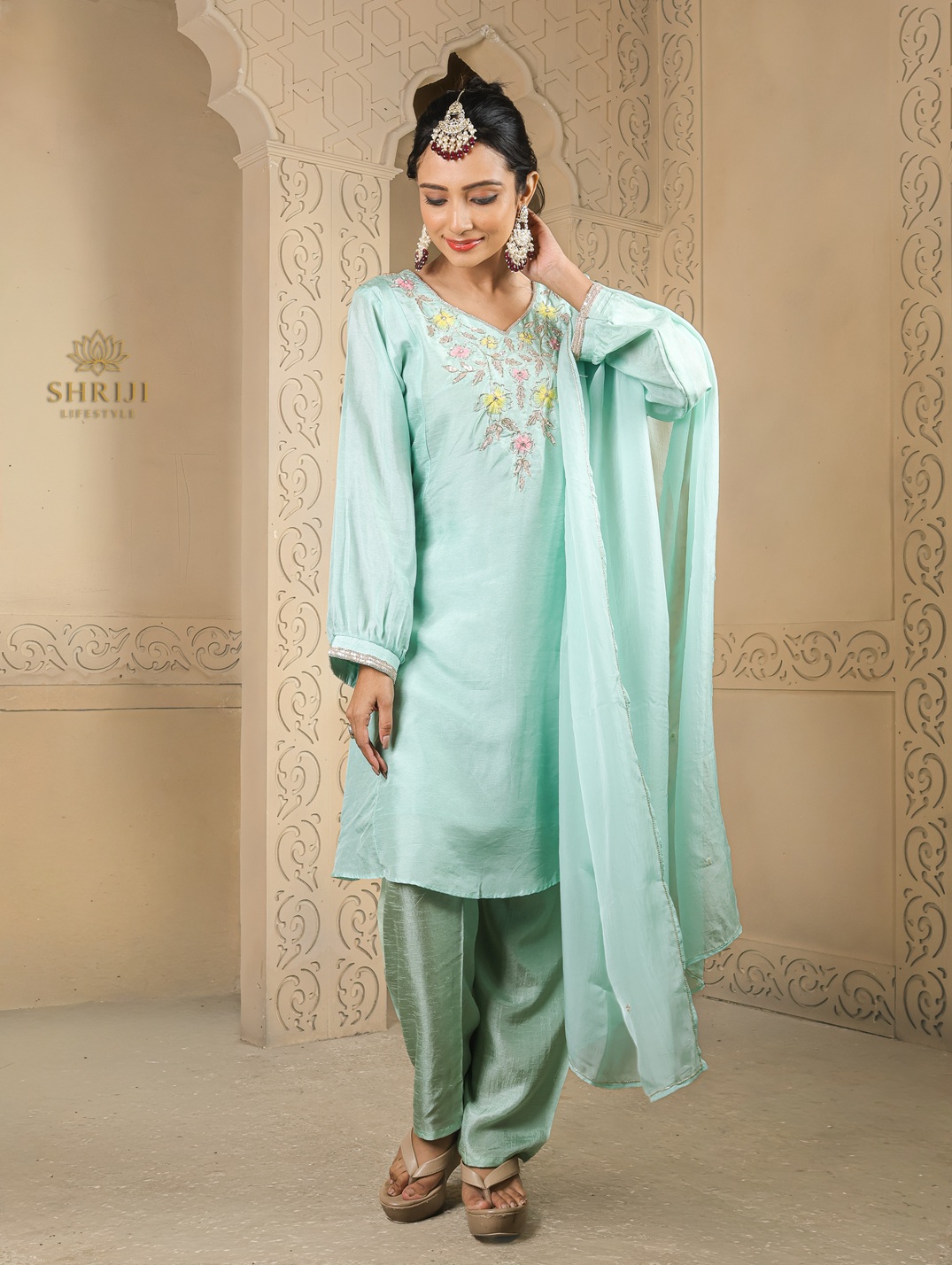 mint green dola short kali top plazoo set with dupatta