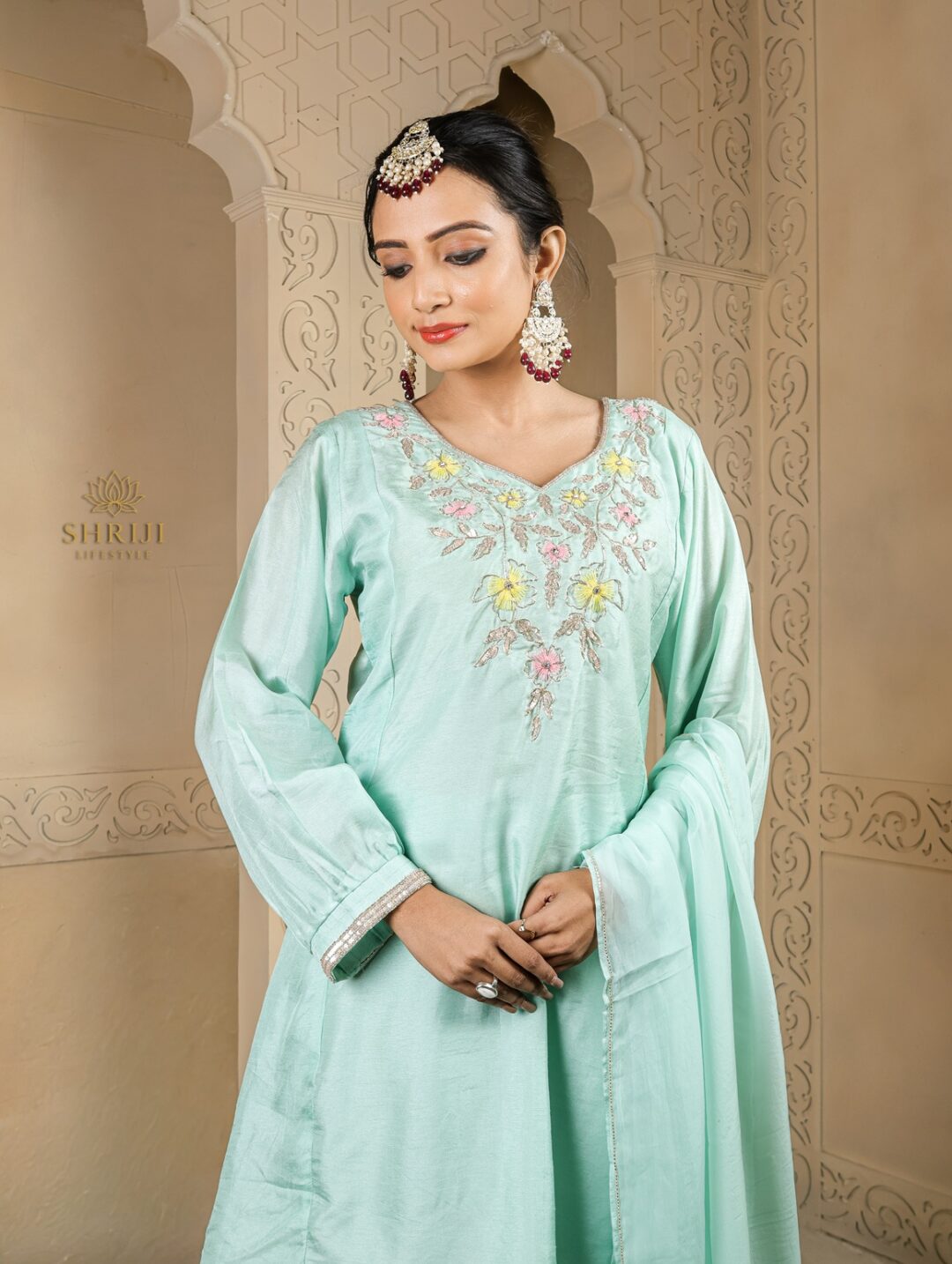 mint green dola short kali top plazoo set with dupatta