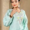 mint green dola short kali top plazoo set with dupatta