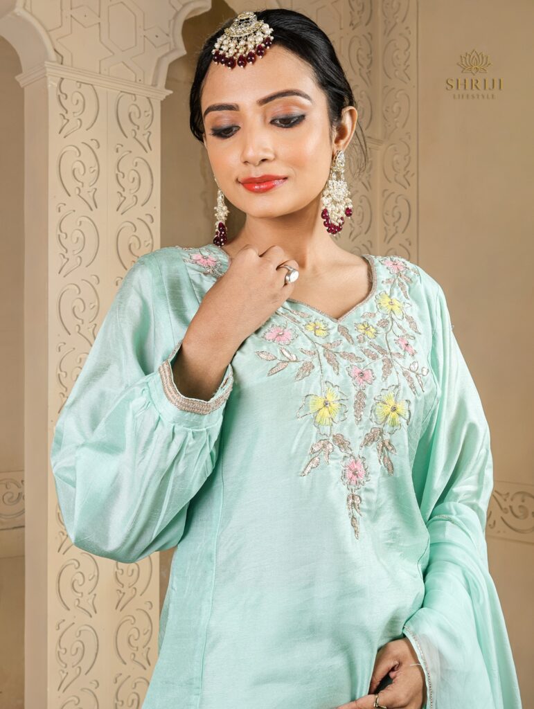 mint green dola short kali top plazoo set with dupatta