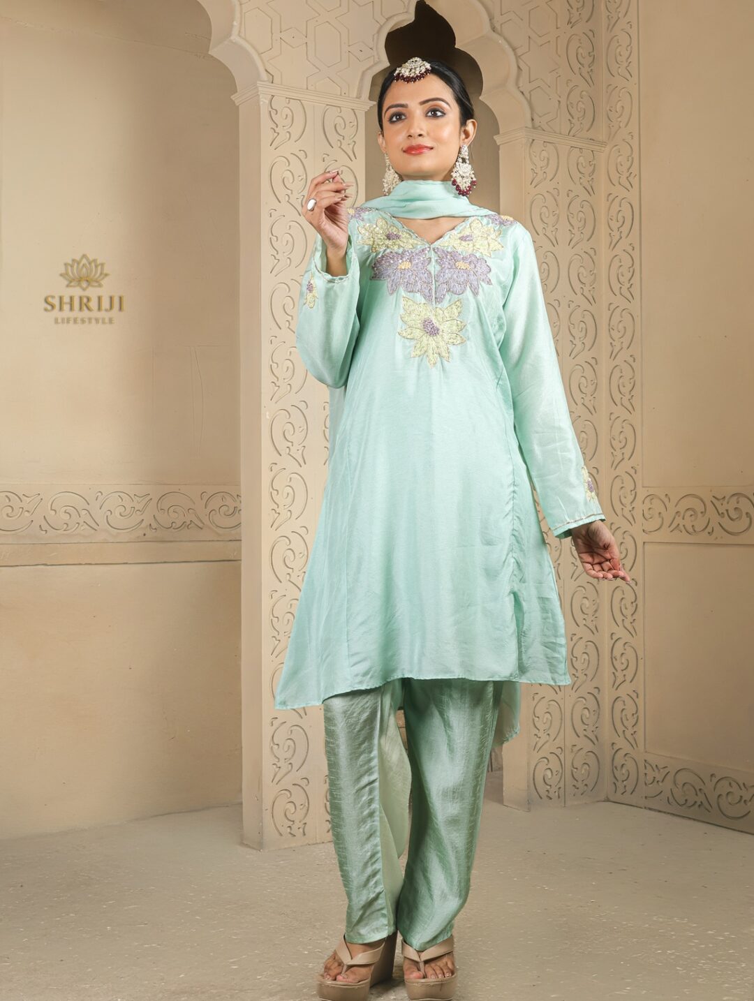 light green short kali top plazoo set with dupatta