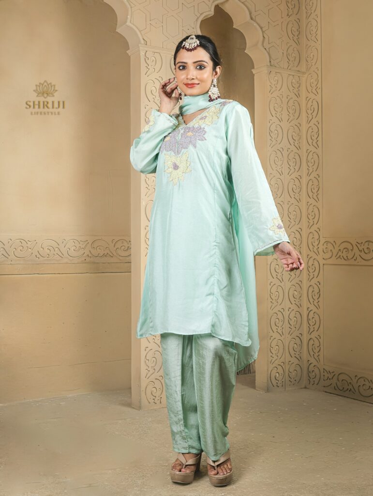 light green short kali top plazoo set with dupatta