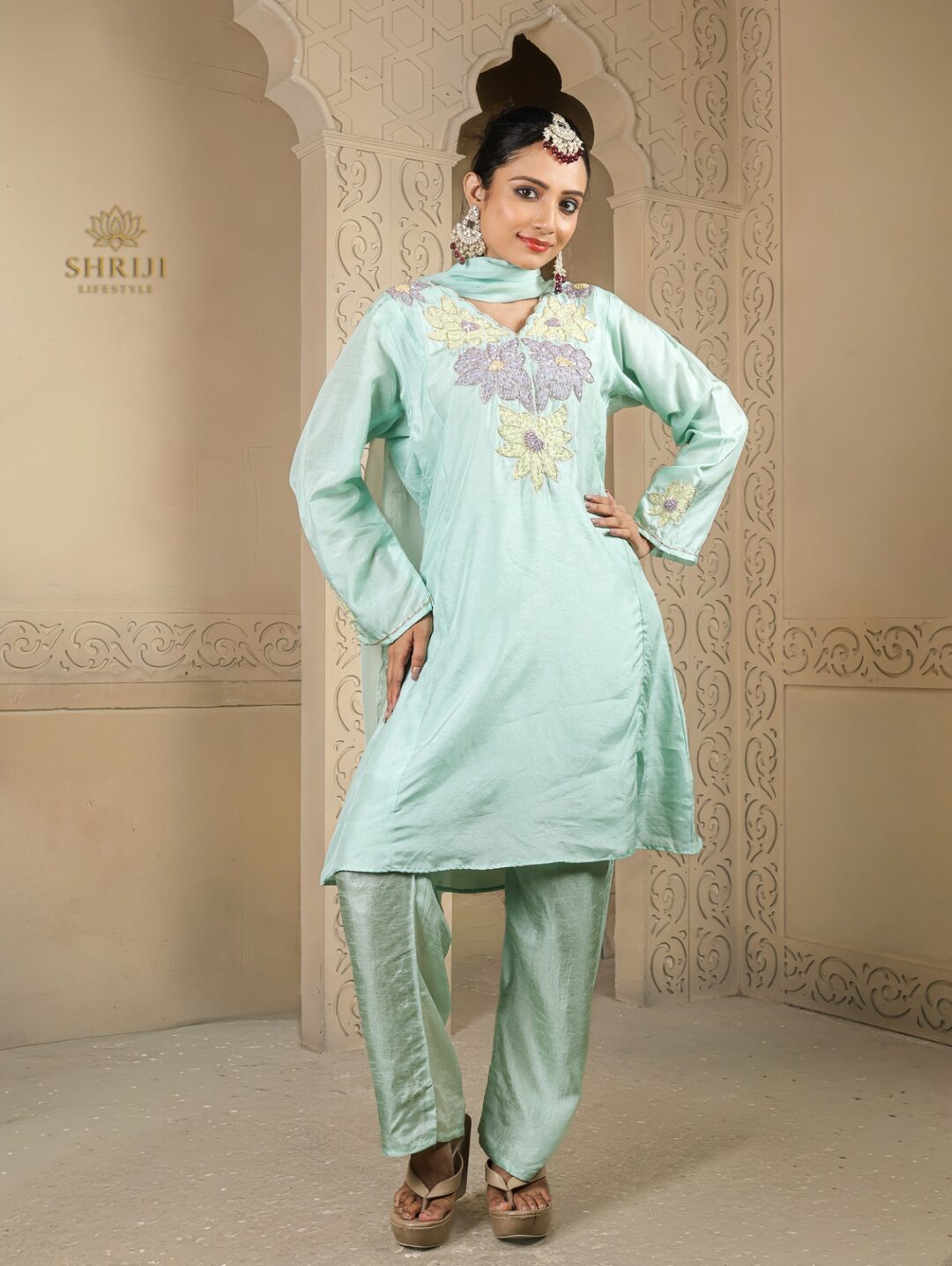 light green short kali top plazoo set with dupatta