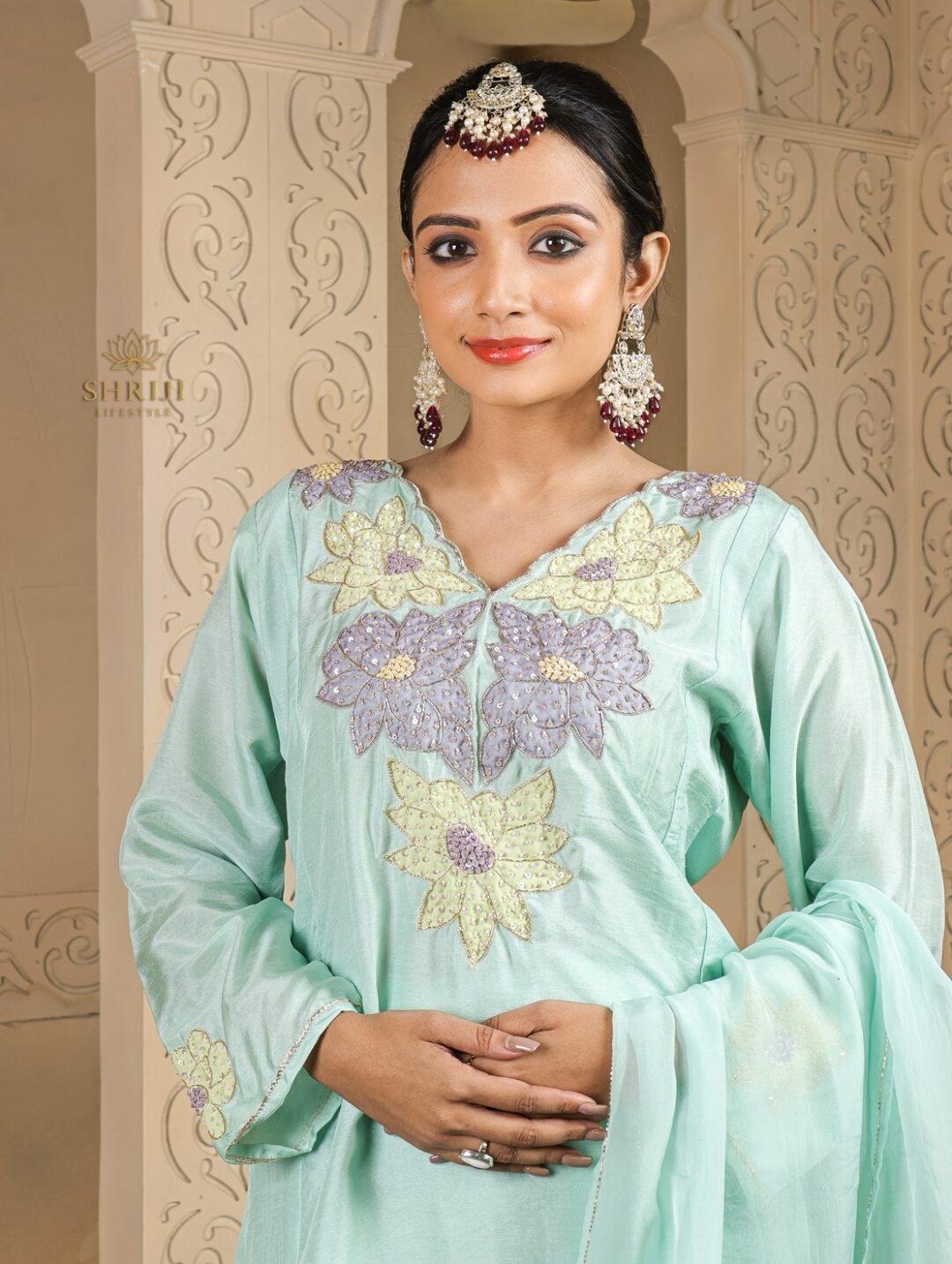 light green short kali top plazoo set with dupatta