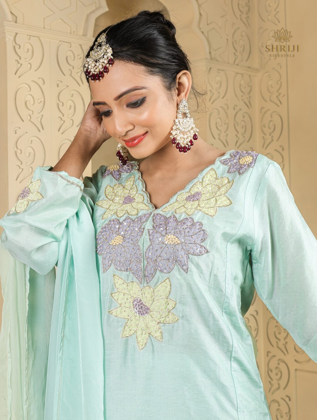 light green short kali top plazoo set with dupatta