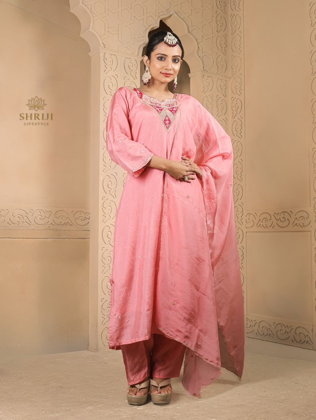 peach dola silk kurtab set with dupatta