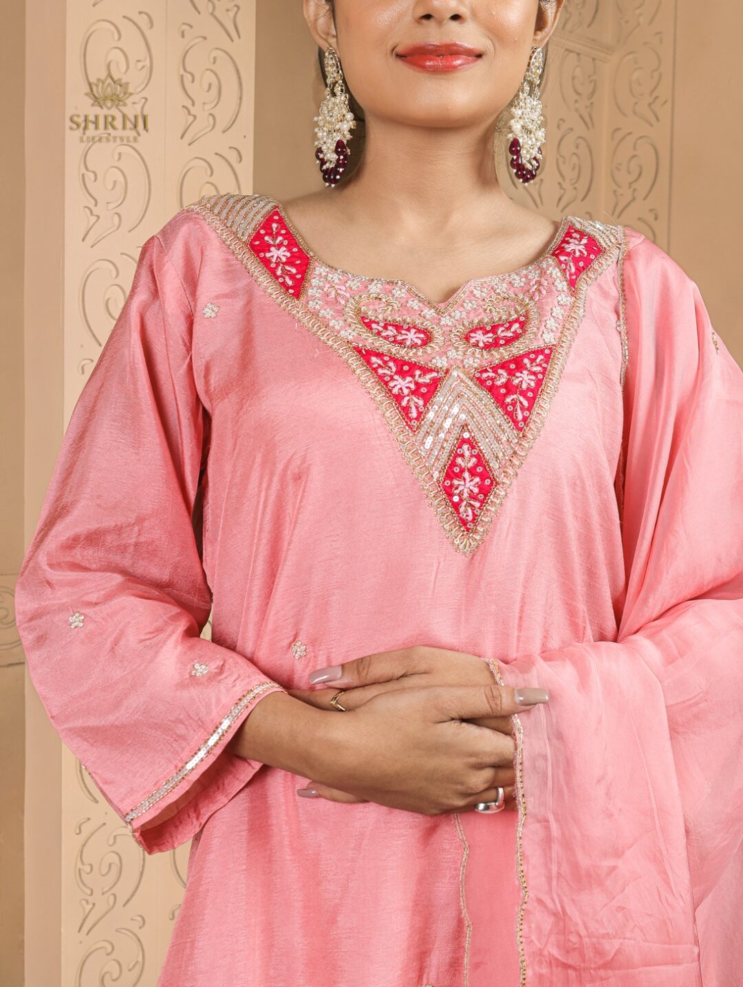 peach dola silk kurtab set with dupatta