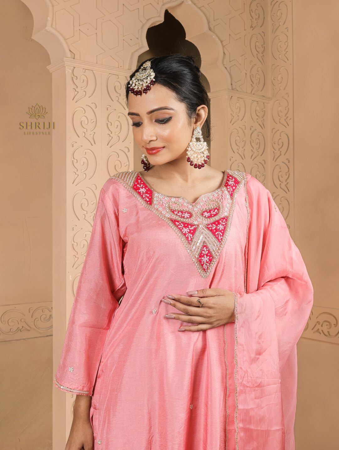 peach dola silk kurtab set with dupatta