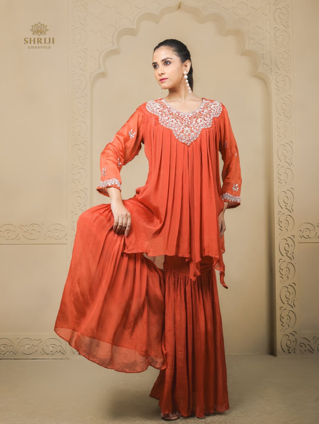 orange chinon sharara set