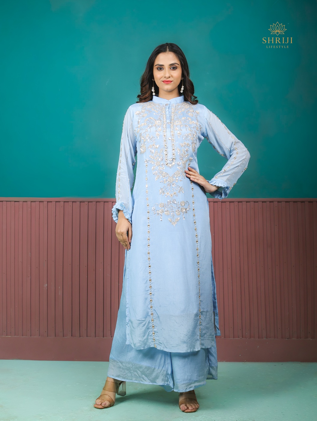 blue chinon suit set with dupatta