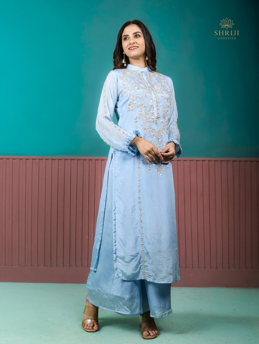 blue chinon suit set with dupatta