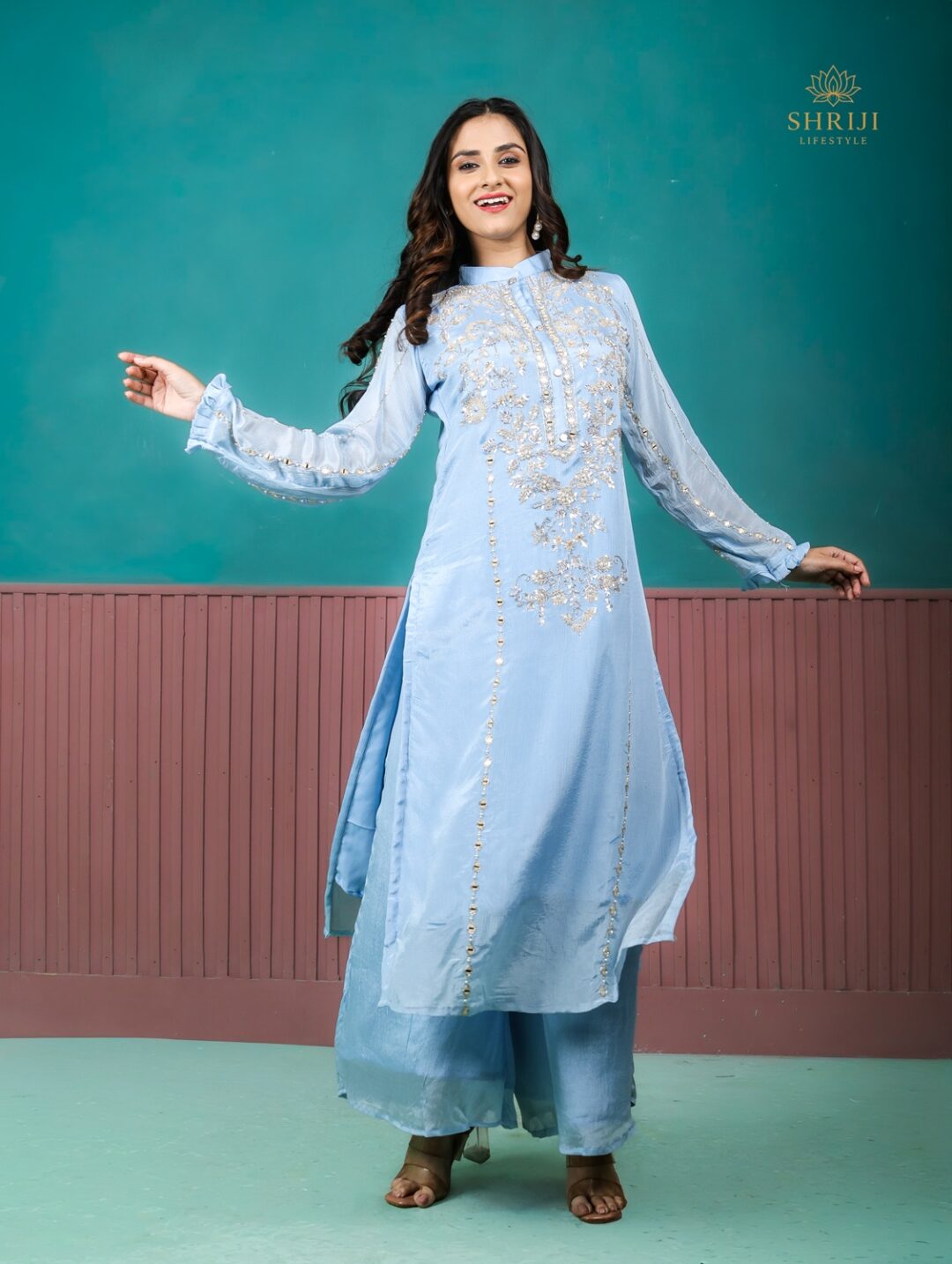 blue chinon suit set with dupatta