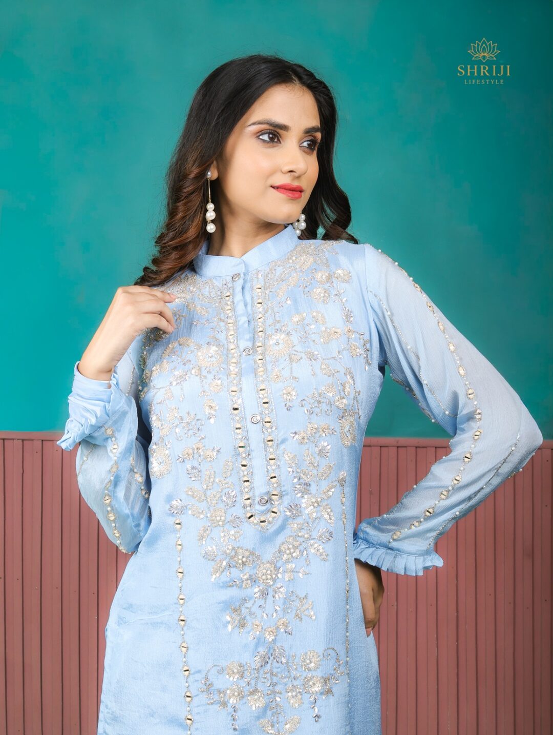 blue chinon suit set with dupatta