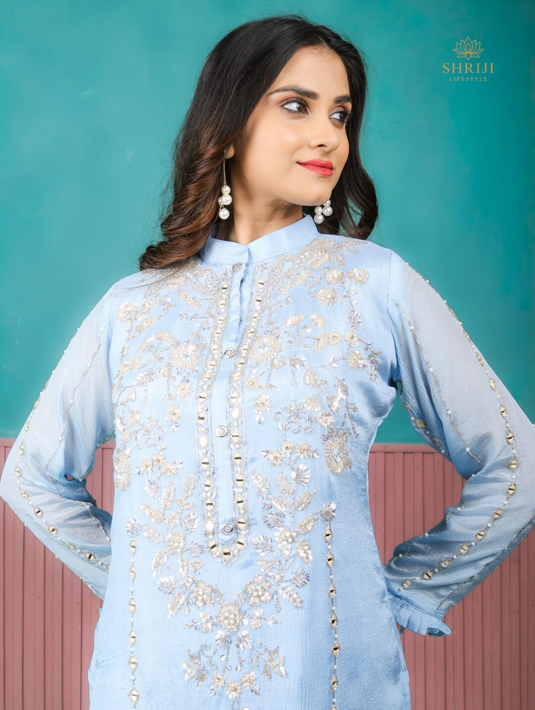 blue chinon suit set with dupatta