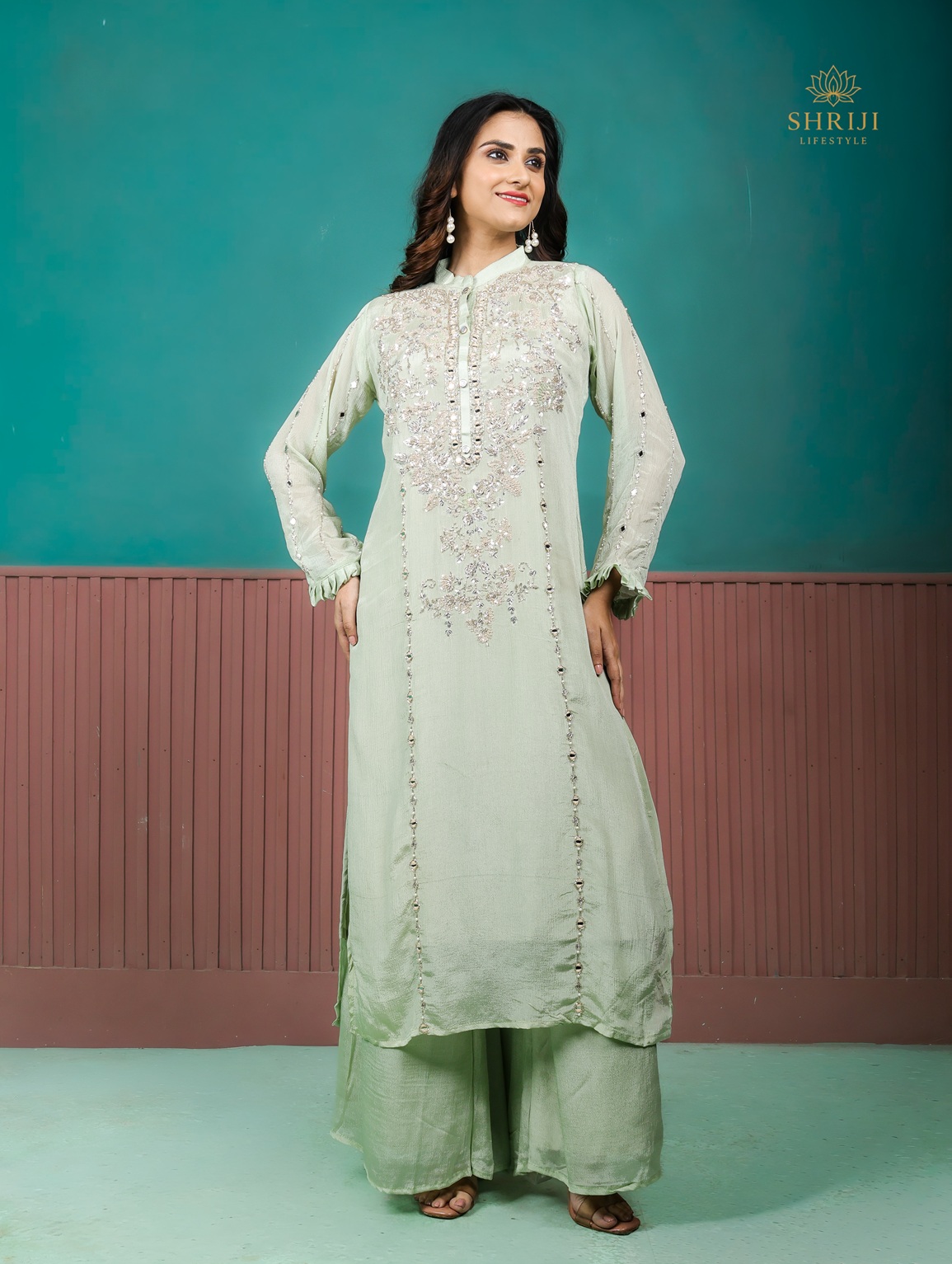 green chinon suit set with dupatta