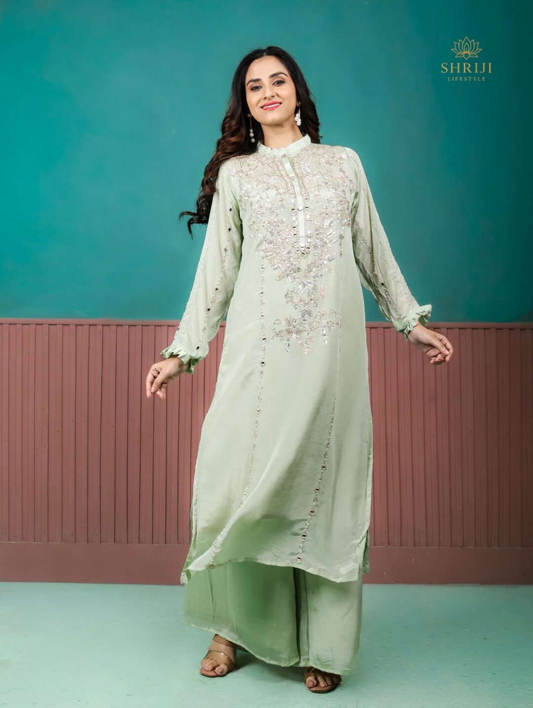green chinon suit set with dupatta