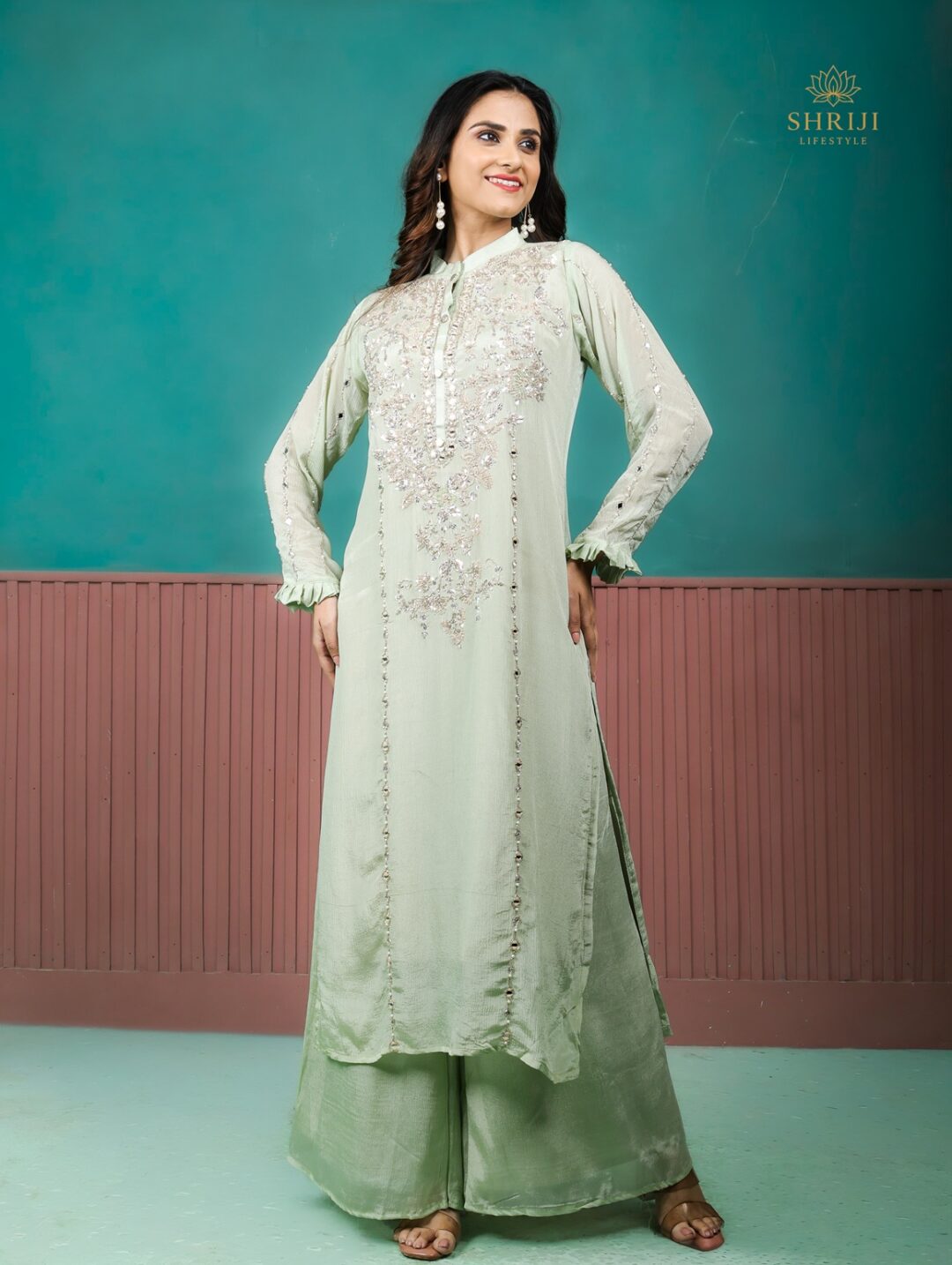 green chinon suit set with dupatta
