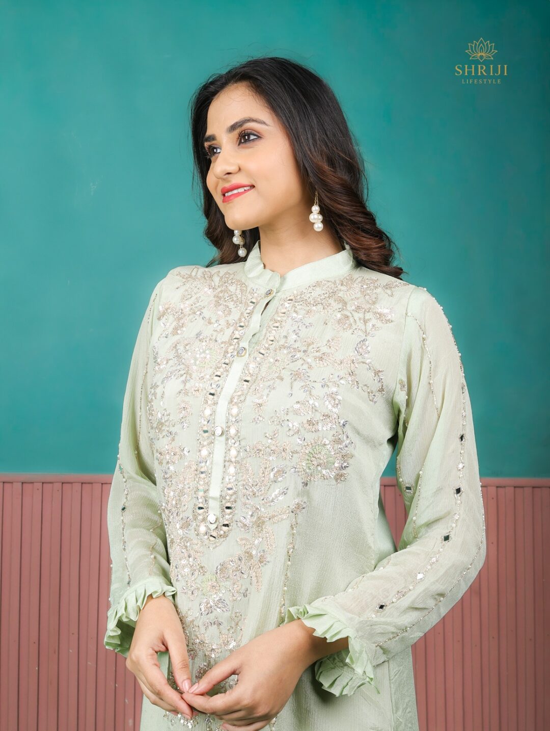 green chinon suit set with dupatta