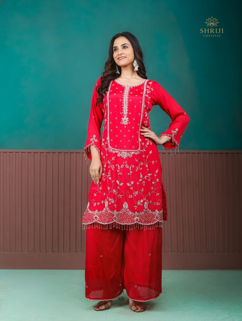 red suit set with dupatta