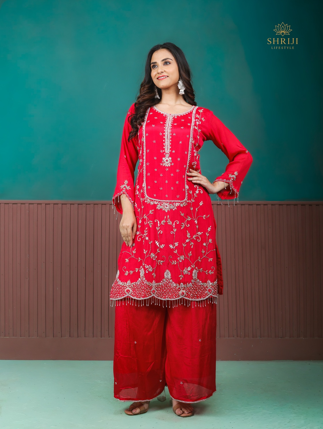red suit set with dupatta