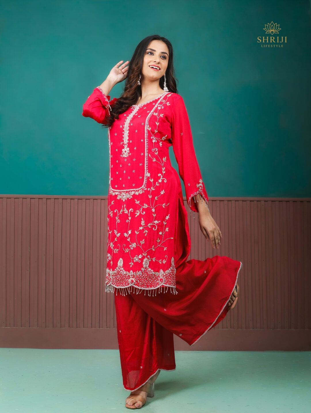 red suit set with dupatta