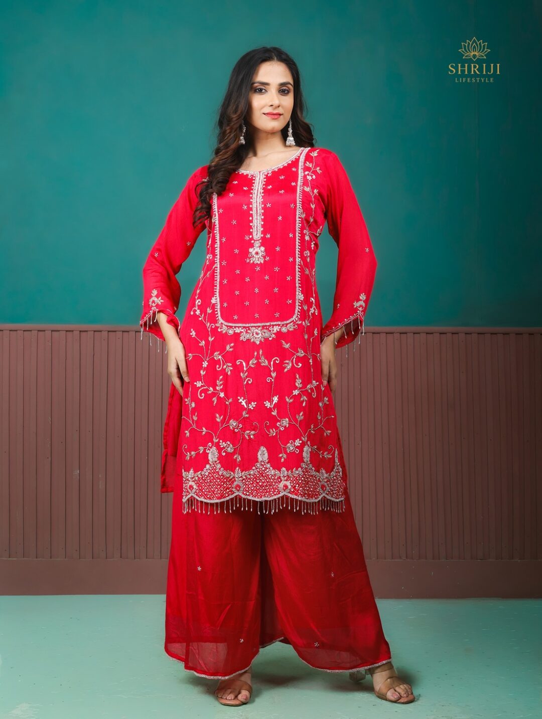 red suit set with dupatta