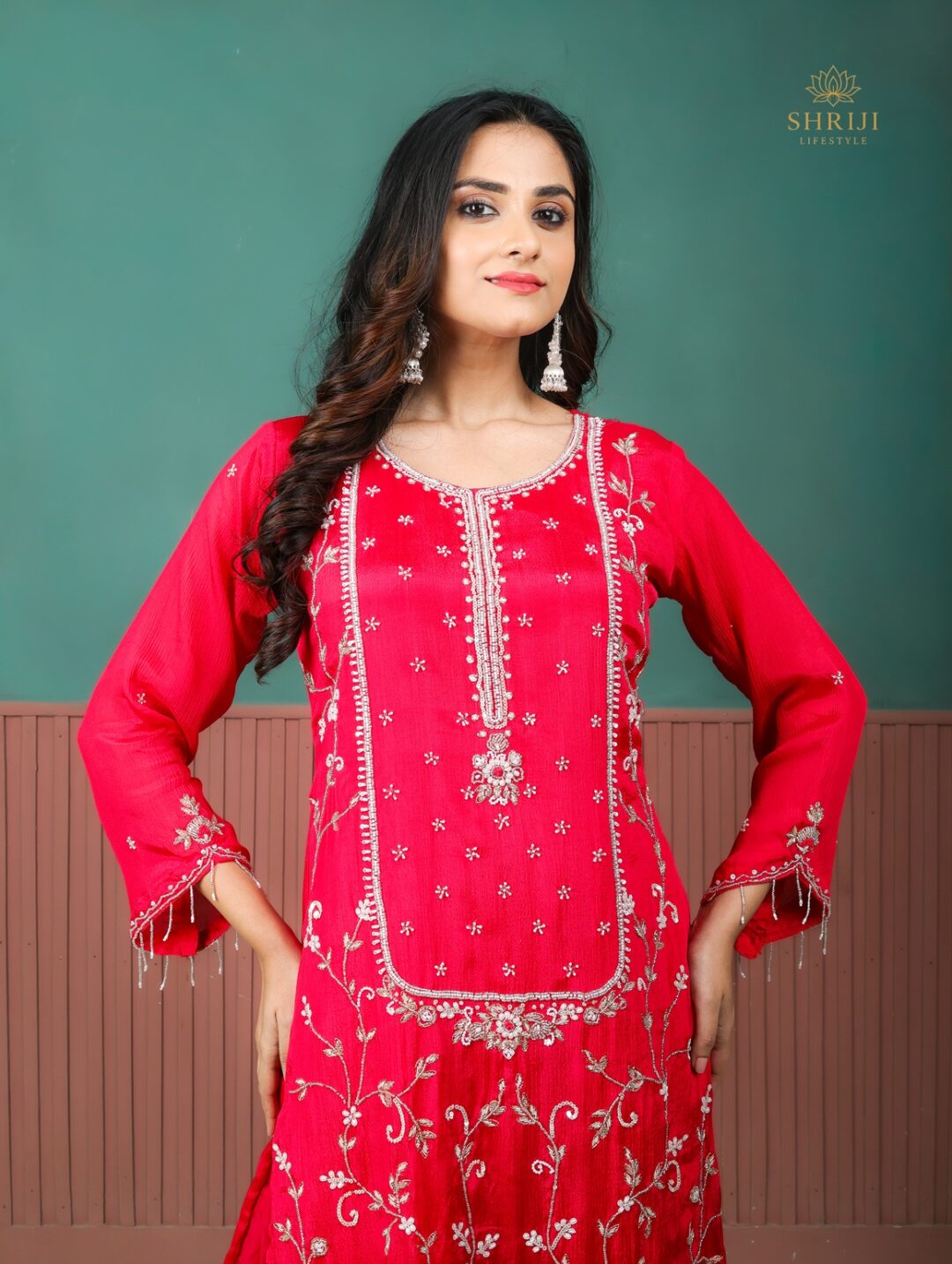 red suit set with dupatta