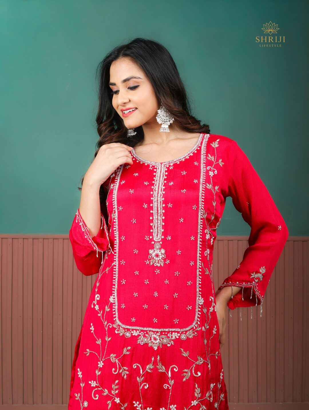 red suit set with dupatta